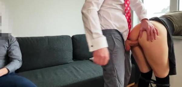 Wife fucks her boss and husband to find out more pocket money