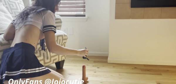 Naughty schoolgirl Jojocutie fucks big realistic dildo till she cums